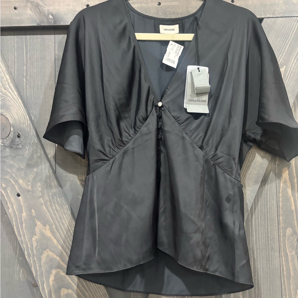 NWT~ Designer-  Zadig and Voltaire  Black Chic Satin Top- Size: Large -